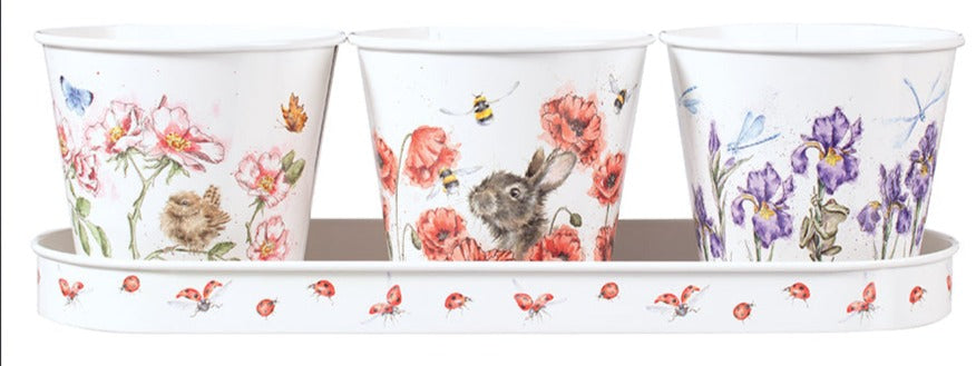 Set od 3 Posude za Začinsko Bilje s Pladnjem - Floral